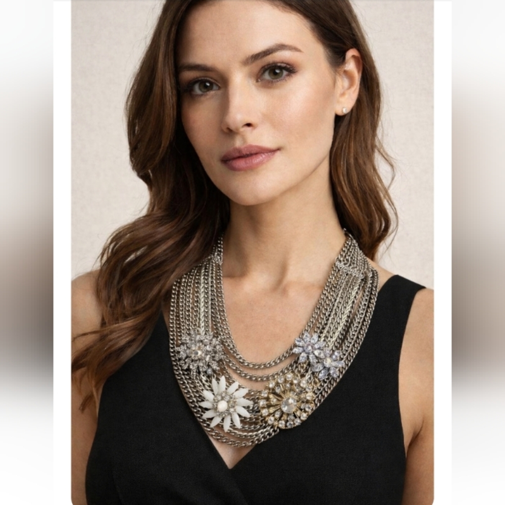 Stella & Dot Layered Floral Statement Necklace | Mixed Metal Rhinestone